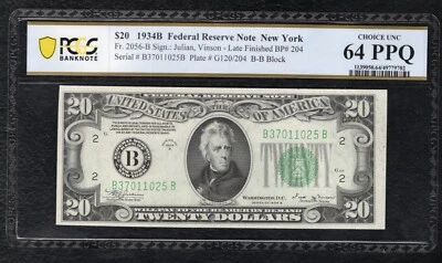 FR. 2056-B 1934-B LFBP #204 $20 FRN NEW YORK, NY PCGS BANKNOTE UNC-64PPQ - Image 1 of 2