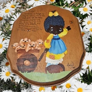 Vintage Handpainted Wood Plaque Girl With Puppies Signed 1999 Cottage Core 11" - Picture 1 of 4