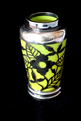 Antike Art Deco F. Spahr Citrin gelbes Glas Silber Überfang Vase um 1930 - Bild 1 von 4