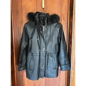 Vintage Croft & Barrow schwarz Leder Kunstfell Kapuze Winter Parka Jacke Damen Medium - Bild 1 von 9