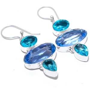 Tanzanita Cuarzo, Azul Piedra Topacio 925 Plata de Ley Joyería Pendientes 5.1cm - Imagen 1 de 5