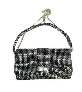 Wild Rose Tweed Handbag Black White Top Handle Removeable Silver Crossbody Chain - Picture 1 of 15