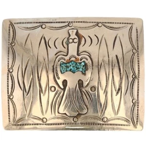 N Silver Turquoise Thunderbird Native American Hippie Southwest Vtg Belt Buckle - Picture 1 of 4