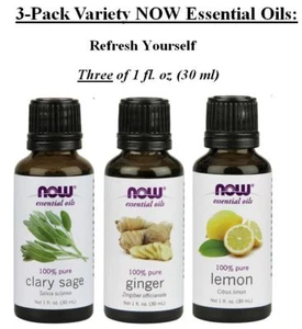 Variedad de 3 paquetes NOW Aceites esenciales: refrésquese - limón, salvia, jengibre - Imagen 1 de 1