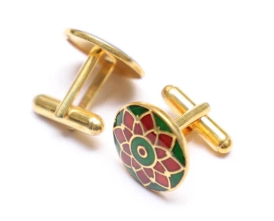 Gemelos de aniversario enchapados en oro floral esmalte rojo verde plata de ley 925 Foto 1 de 4
