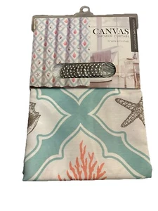 Canvas Shower Curtain Set Sea Shells 🐚 70 X 72 Fabric W/12 Piece Roller Hooks - Picture 1 of 5