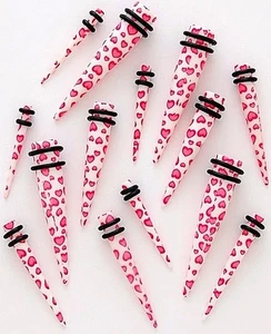 1 Pair Straight Pink & Red Hearts Acrylic Tapers Gauges Ear Plugs Stretchers 8g - Picture 1 of 1