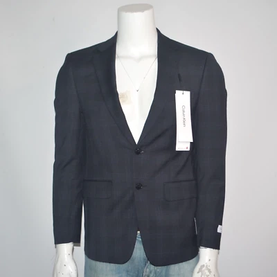 NWT CALVINK KLEIN Slim Fit Stretch Wool Blend Black Blue Plaid Suit Jacket 38S - Image 1 of 4