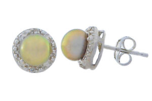 Natural Yellow Freshwater Pearl & Diamond Round Stud Earrings 14Kt White Gold