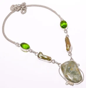 Variscite - Green Turquoise & Biwa Pearl 925 Sterling Silver Necklace 17.99" T7 - Picture 1 of 1