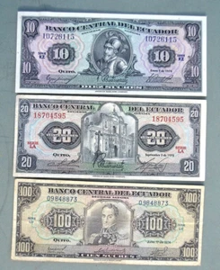 SET 10, 20, 100 SUCRES CIRCULATED Banco Central del Ecuador, 1973, 1974 - Imagen 1 de 2
