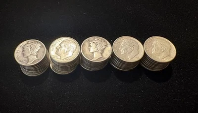 ROLO DE 50 MOEDAS DE MOEDAS DE DATAS MISTAS CIRCULADAS MERCÚRIO e ROOSEVELT 90% MOEDAS DE DEZ CENTAVOS DE PRATA - Imagem 1 de 2