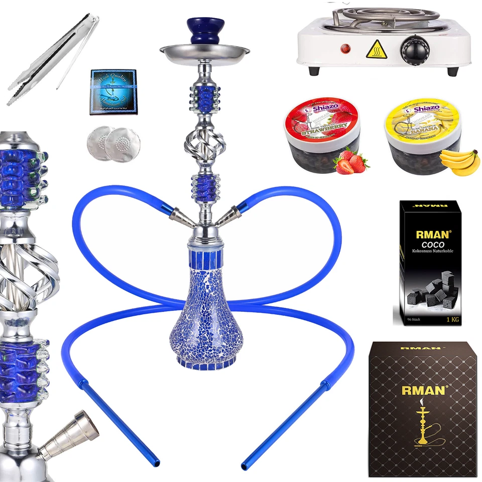 RMAN Shisha Set Wasserpfeifen mit 200g Shiazo Dampfsteine Kohleanzünder Blau - Bild 1 von 4