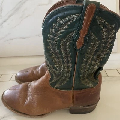 Botas caubói masculinas Larry Mahan 10 couro marrom verde desgastado faroeste vintage EUA - Imagem 1 de 4