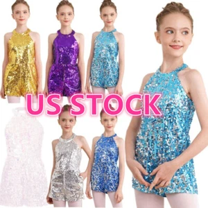 Kids Girl's Sequins Sparkle Romper One-piece Halter Sleeveless Short Jumpsuit - Picture 1 of 78