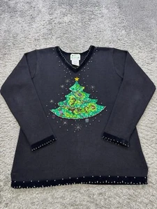 Quacker Factory Sweater Womens Medium Black Velvet Trim Holiday Christmas Tree - Picture 1 of 9