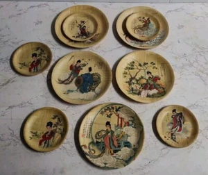 Asian Bamboo Plates (11) Painted 6-1/4” & 4-1/4" Chinese Art Decor - Picture 1 of 19