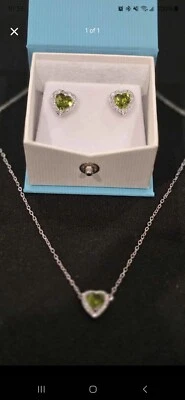 Peridot & White Topaz Heart Halo SET (2 pcs) necklace and earrings - Image 1 of 2