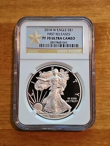 2014 W PROOF SILVER EAGLE NGC PF70 ULTRA CAMEO FIRST RELEASES GOLD STAR LABEL - Picture 1 of 2