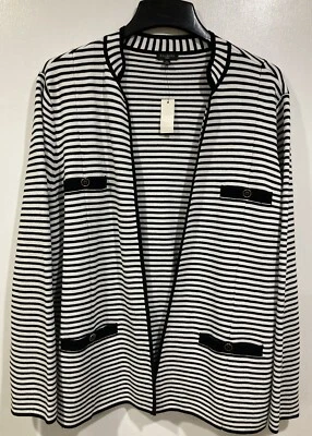 Talbots Cardigan Women 2X Black White Stripe Gold Button Pocket Stretch Vneck - Image 1 of 4