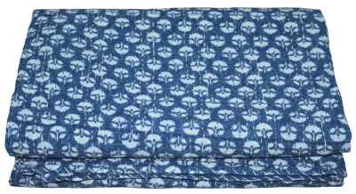 Handmade Cotton Vintage indigo Print Twin Kantha Quilt Indian Bedspread - Image 1 of 4