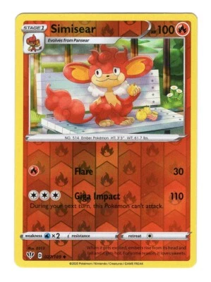Pokemon TCG Simisear SWSH Darkness Ablaze 027/189 Reverse Holo Uncommon Card NM - Image 1 of 2