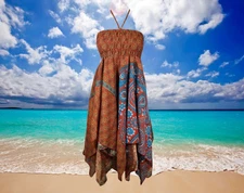 Women Sundress, Halter Dresses, Red Blue Handmade Boho Dress,Printed Handker S/M
