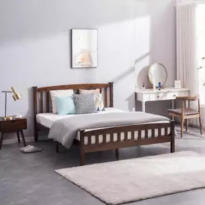 Heavy Duty Queen Size Wood Bed Frame with Wooden Slat Headboard Footboard Walnut - Picture 1 of 8