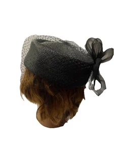 Vtg 1950’s Pillbox Hat Black Funeral Fashion Straw Netting & Bow Sz 8” W Strap - Picture 1 of 11