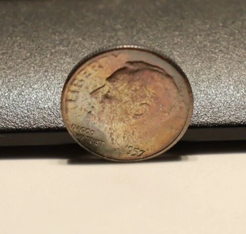 1957 US Roosevelt Silver Dime 10C Amazing Toning Cover