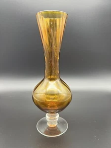 Vintage Amber Glass Swirl Blown Bud Vase with Clear Pedestal Base 8" - Picture 1 of 4