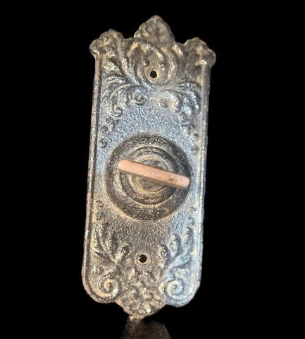 Antique Fancy Ornate Door Bell PART~THUMB KNOB with Back Plate w/ Spindle ~Black Cover