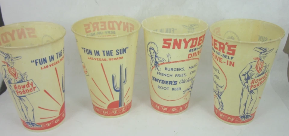 4 винтажных восковых бумажных стакана Snyder's Root Beer Drive для ресторана Лас-Вегаса - Изображение 1 из 3