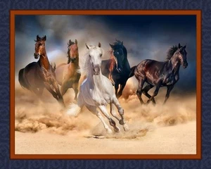 Wild Horses Running Black Brown White Horse 36x44" Cotton Fabric Panel - Picture 1 of 1