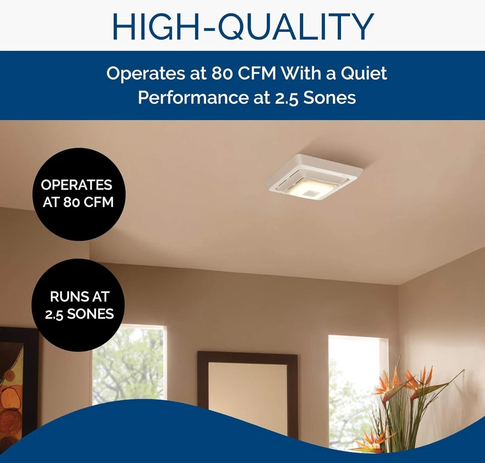 Broan Bathroom fan with LED Light and Bluetooth Speaker 80 CFM - Image 1 of 4