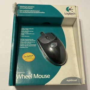 Vintage Logitech Wheel Mouse Optical (Black) M-BJ58 Wired PS/2 & USB New in Box - Picture 1 of 9