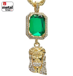 14k Gold Plated Double Green Ruby & Jesusl Pendant Chain Necklace MHC 308 G - Picture 1 of 4
