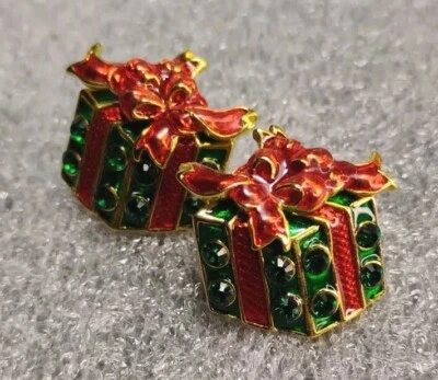 FL Regalo Navidad Post Pendientes Tono Dorado Rojo/Verde Esmalte con Cristales Acrílicos! Foto 1 de 4