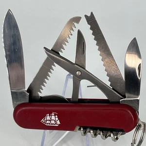 Vintage JAPAN Red Pocket Knife Multi Tool - SHIP LOGO - 11 Tools! - Picture 1 of 10