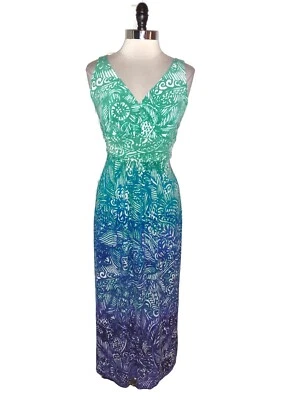 CHAPS Size M Tank Dress Green White Blue Floral Sleeveless Stretch Knit Midi - Image 1 of 4