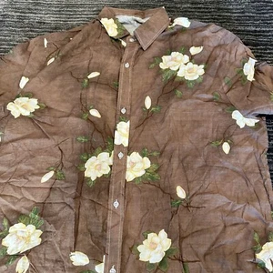 Golf Shirt Mens 3XL Button Up Hawaiian Shirt White Flower Print On Brown Casual - Picture 1 of 9