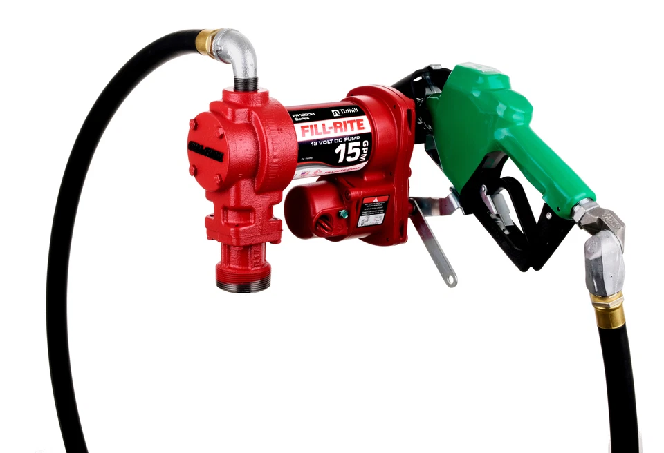 Fill-Rite FR1220HDSQ 12V 15 GPM Pump w/Hose, Auto Nozzle (Green), & Swivel