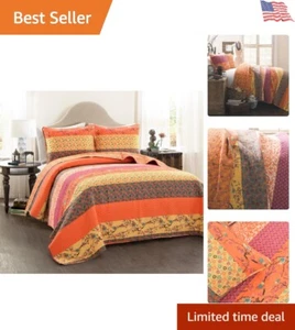 Cotton Quilt Set 3pc Reversible Striped Floral Bedding for Boho Decor, Full/Q... - Picture 1 of 9