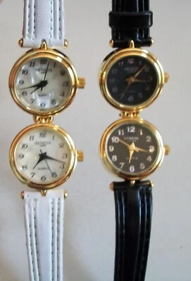 Женщины золотой отделки черный и белый кожаный ремешок 2 часовой пояс двойной время часы - Изображение 1 из 3