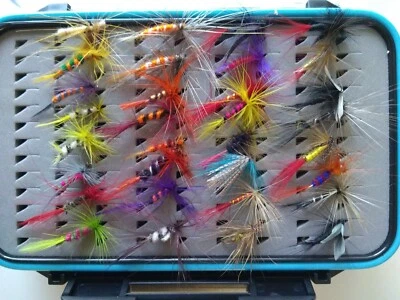 trout salmon fly fishing flies assortment tackle box with 64 fly fishing flies  - Image 1 of 4