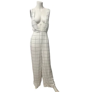 NWT Forever 21 white silver stripes plunge deep neck wide leg jumpsuit Small - Picture 1 of 9