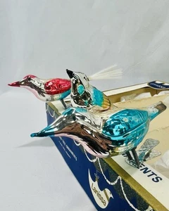 3 West Germany Antique Red Blue Glass Clip On Bird Vintage Christmas Ornaments - Picture 1 of 8