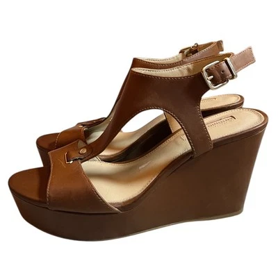 ANTONIO MELANI Classy Wedge Platform Leather Sandals Brown Heels Size US 7.5 NEW - Image 1 of 4