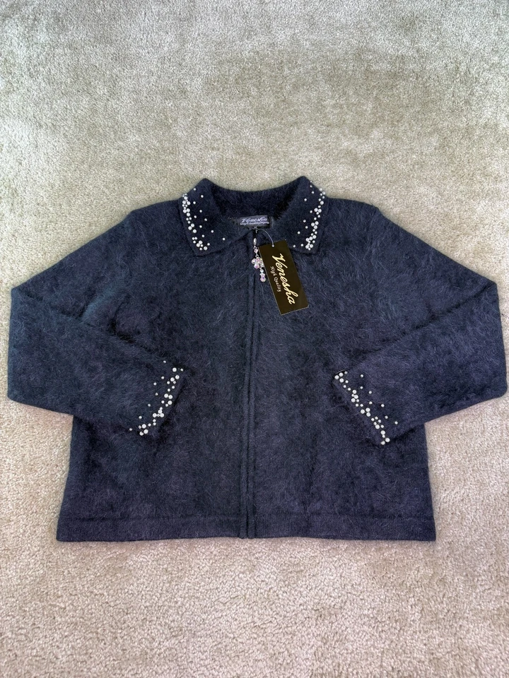 Venesha Alta Calidad Angora Suéter Chaqueta Cárdigan Cremallera Negro Talla Mediana E601 Foto 1 de 4