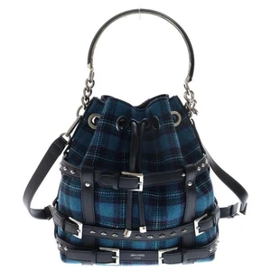 JIMMY CHOO Bon Bon Bucket Bag Tartan Check Canvas Leather Studs Multicolor Japan - Picture 1 of 6